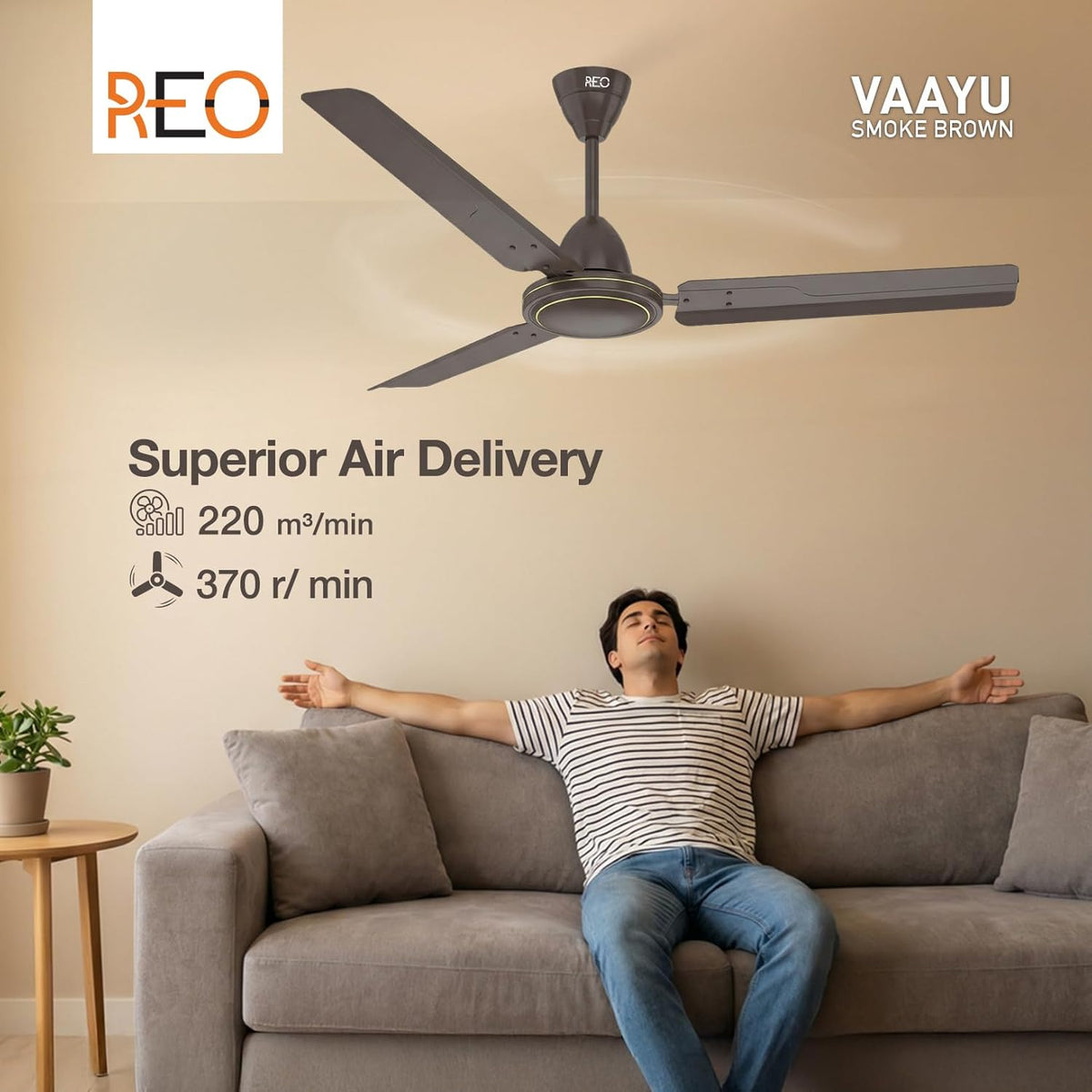 Havells REO Vaayu 1200mm ES Ceiling Fan | High Speed, High Air Delivery | Strong & Powerful, Air Delivery: 220CMM| RPM: 370| 2 Year Warranty | (Pack of 1, Smoke Brown)