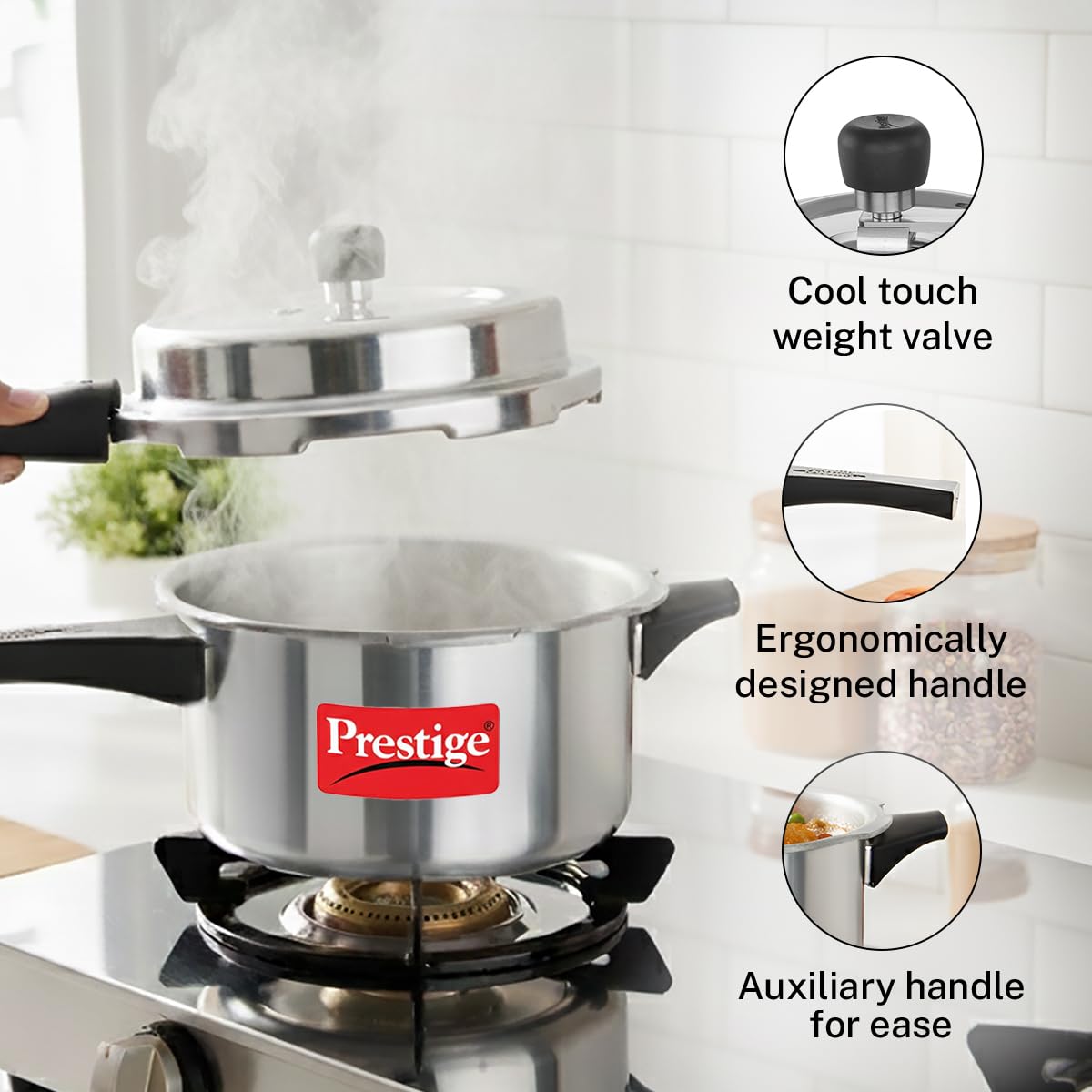Prestige Popular Plus Svachh Virgin Aluminium Gas And Induction Compatible Outer Lid Pressure Cooker, 4 L (Silver), 4 liter