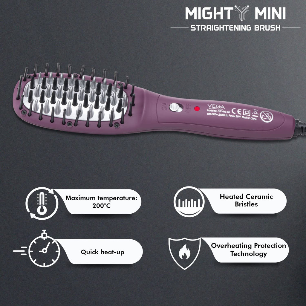 VEGA PROFESSIONAL Mighty Mini Hair Straightening Brush For Women With Ceramic Bristles, Overheating Protection Technology