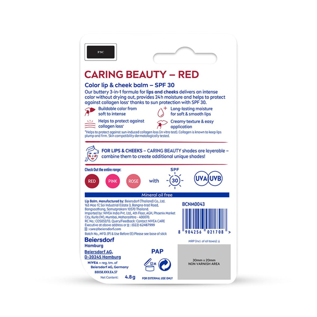 NIVEA Lip Caring Beauty Red Lip Balm | Lip & Cheek Tint with SPF 30