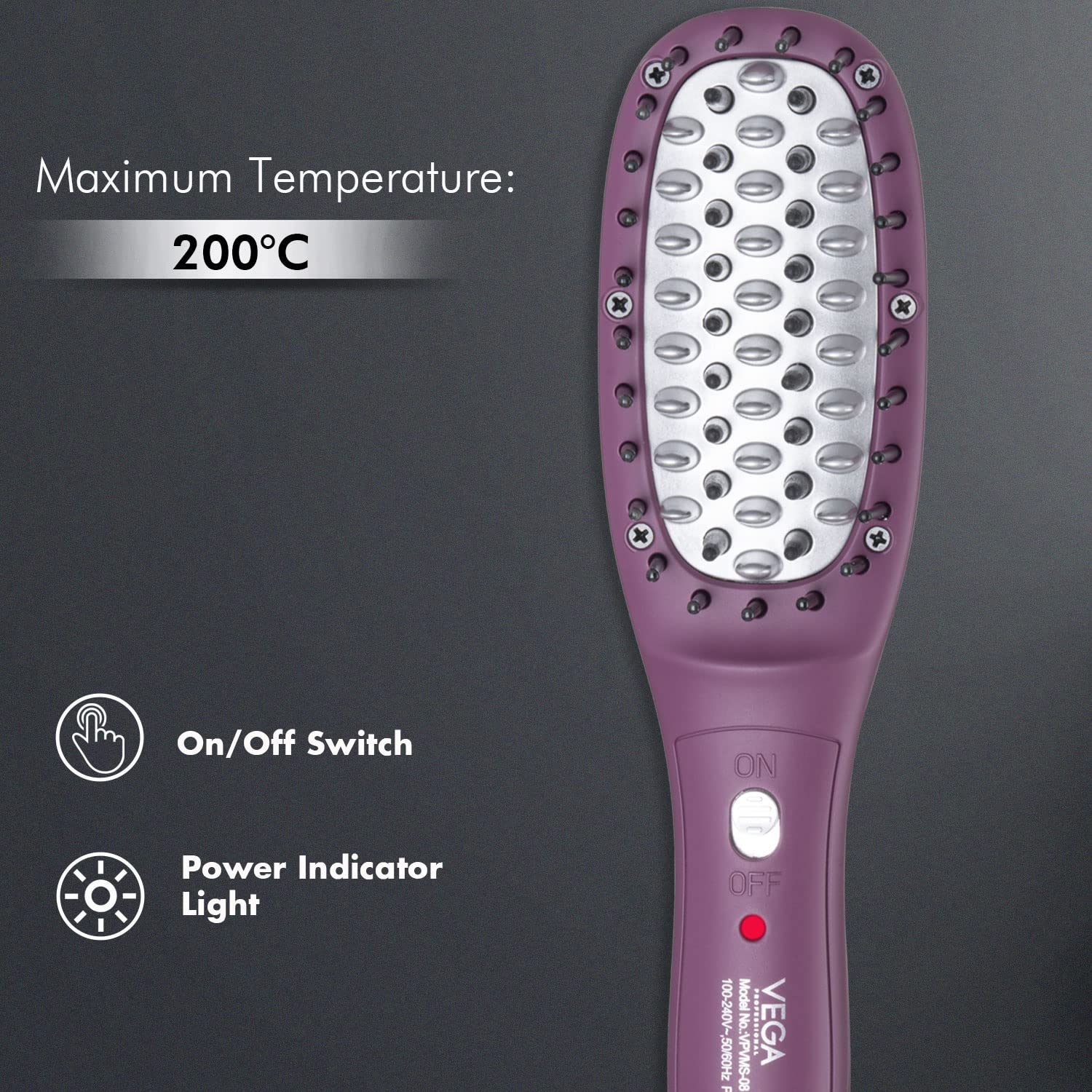 VEGA PROFESSIONAL Mighty Mini Hair Straightening Brush For Women With Ceramic Bristles, Overheating Protection Technology