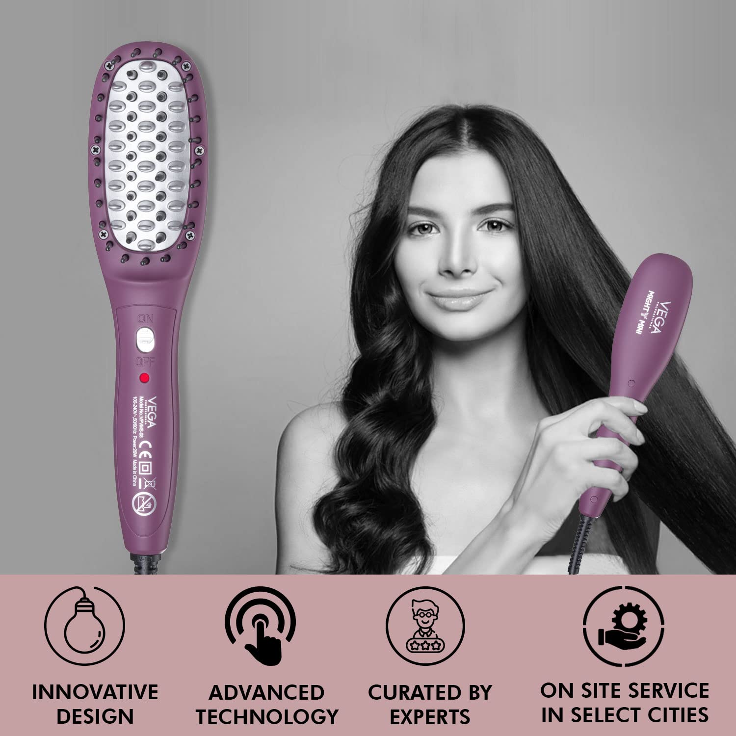 VEGA PROFESSIONAL Mighty Mini Hair Straightening Brush For Women With Ceramic Bristles, Overheating Protection Technology