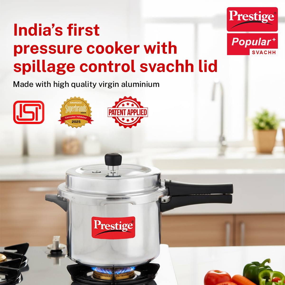 Prestige Popular Plus Svachh Virgin Aluminium Spillage Control Outer Lid Pressure Cooker, 5 L (Silver), 5 Liter