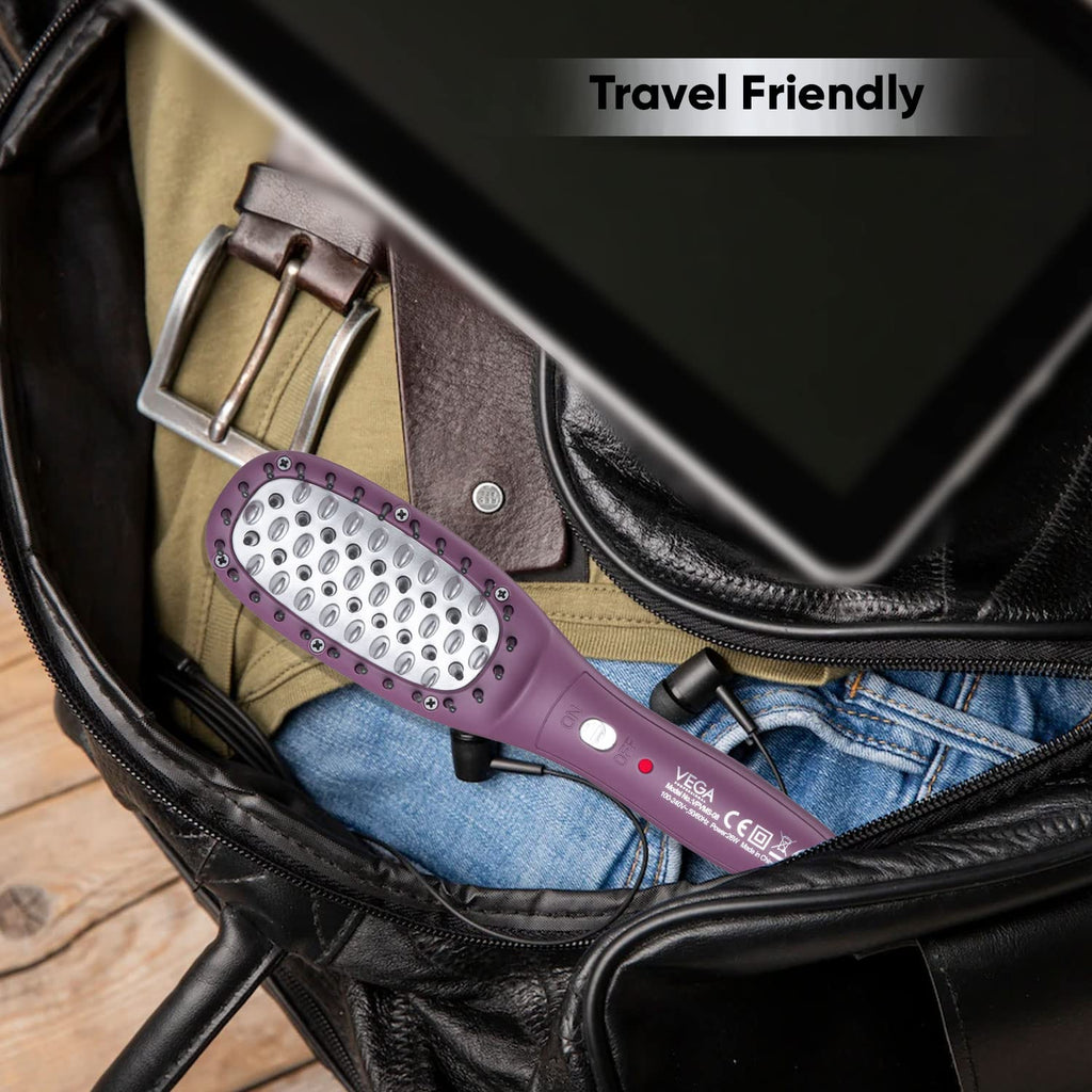 VEGA PROFESSIONAL Mighty Mini Hair Straightening Brush For Women With Ceramic Bristles, Overheating Protection Technology