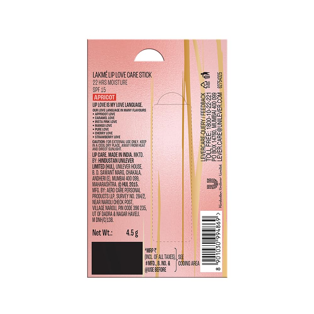 Lakme Lip Love Care Stick Apricot, with 10% Vitamin E Complex, nourished with Shea & Cocoa Butter and enriched with Almond & Jojoba Oil for 24hr...