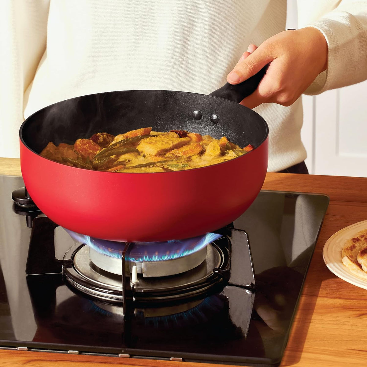 Meyer Bauhaus Aluminium Non Stick Saucier, 24cm/3.3L, Red