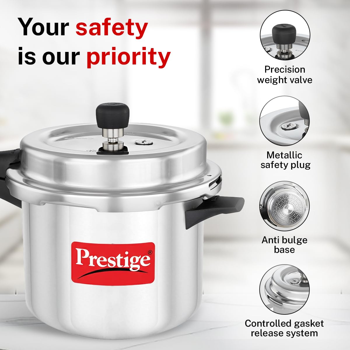 Prestige Popular Plus Svachh Virgin Aluminium Spillage Control Outer Lid Pressure Cooker, 5 L (Silver), 5 Liter