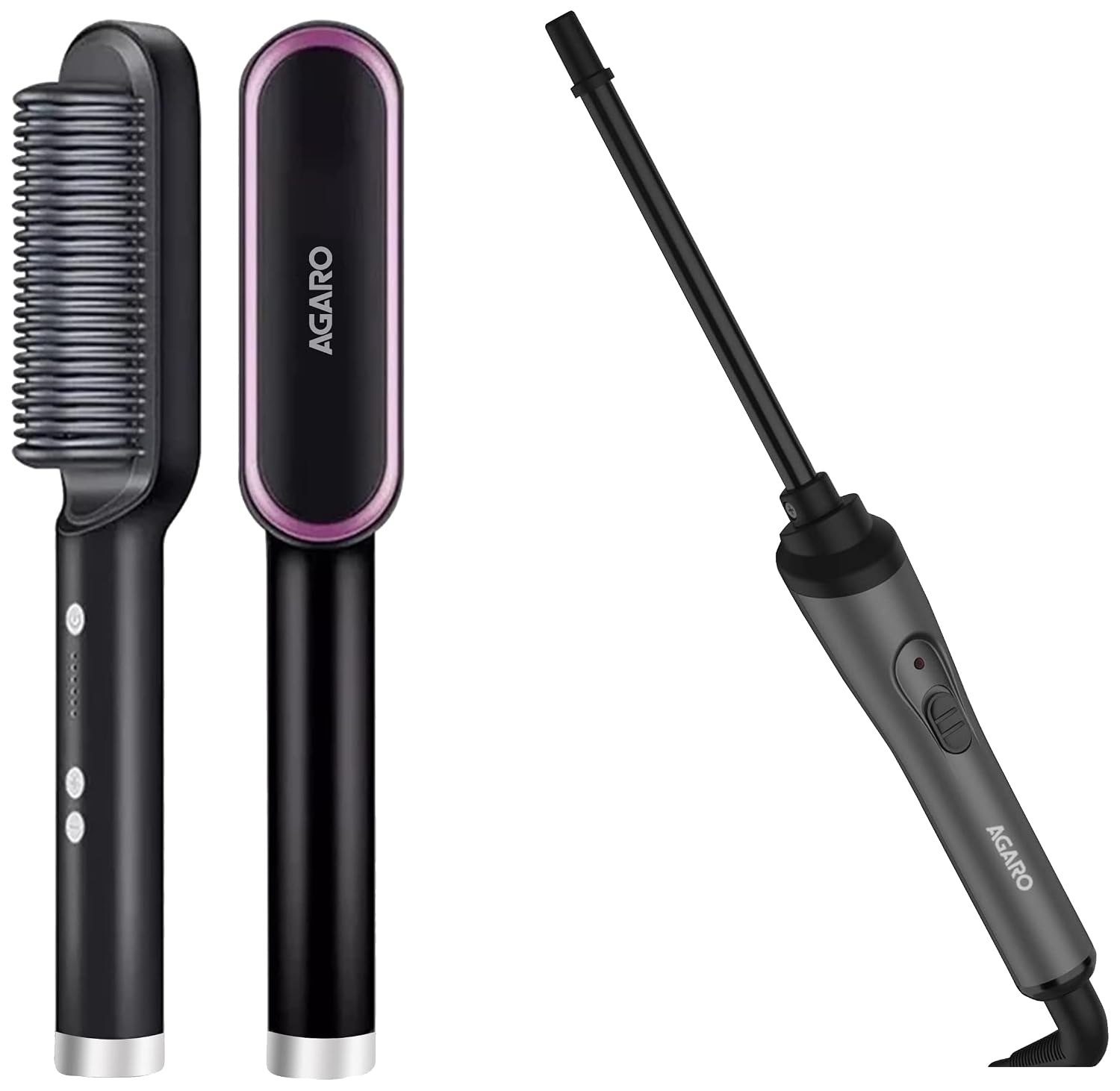 AGARO HSB2107 Hair Straightening Comb, Fast Heating, Ionic Technology, 5 Heat Settings, Black & HC-8001 Chopstick Hair Curler with 10 mm Barrel &...
