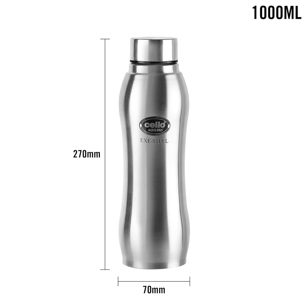 CELLO Aqua Pro Stainless Steel Water Bottle 1000ml Set of 3 Pcs | ISI Certified, Single Walled | Leakproof, Rust Proof, Food Grade, Easy to Carry | Airtight Steel Bottle for Fridge, Office, Gym