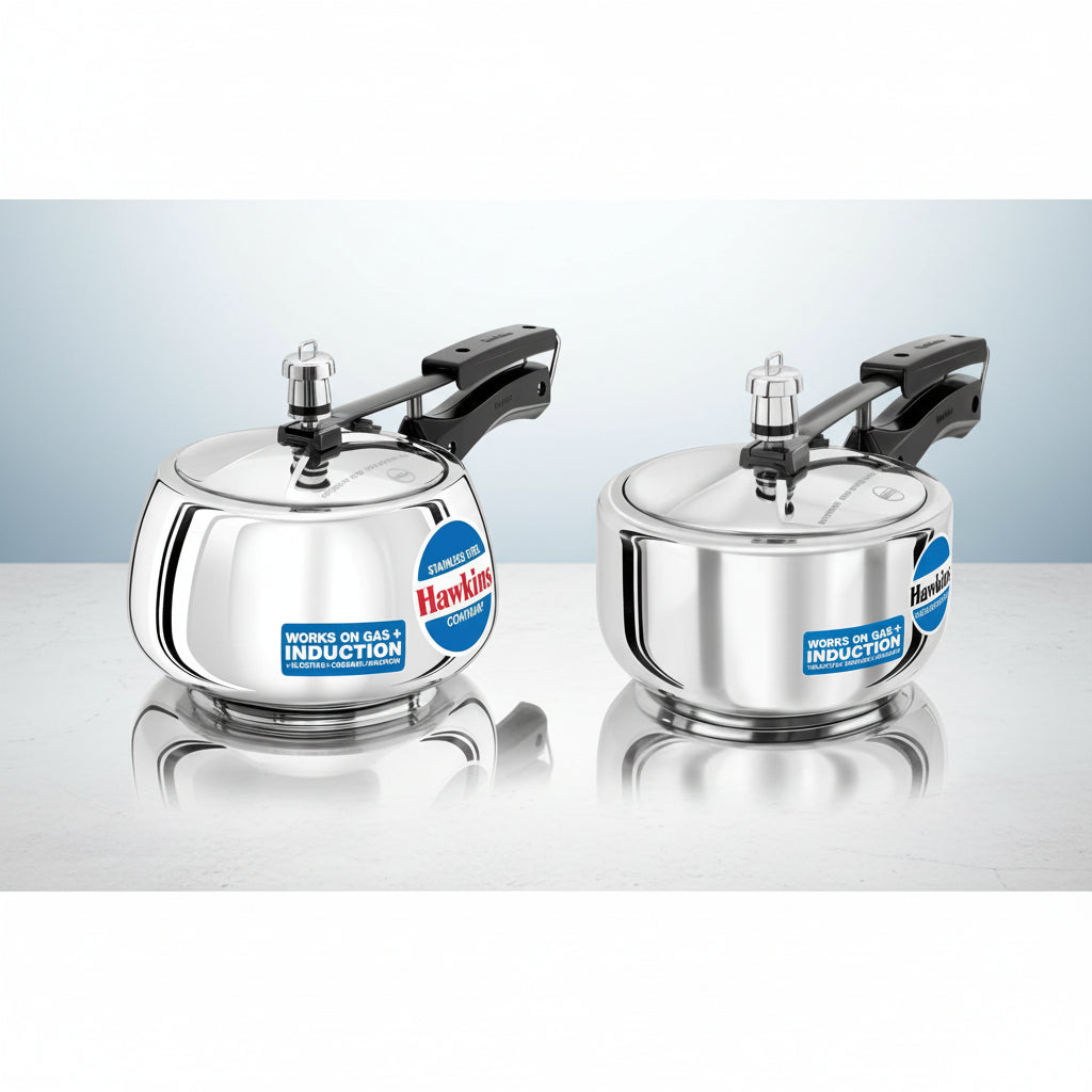HAWKINS Stainless Steel CONTURA Pressure Cooker 3 litres + Hawkins Stainless Steel Pressure Cooker, 2 litres, Silver