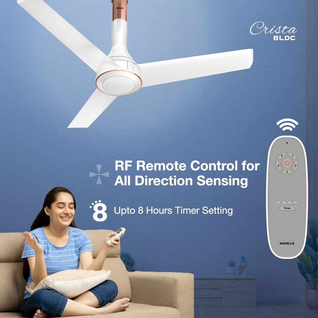 Havells 1200mm Crista BLDC Motor Ceiling Fan | Premium Finish with RF Remote, 100% Copper, Upto 60% Energy Saving | Low Noise: 55dB, 2 Year Warranty | (Pack..