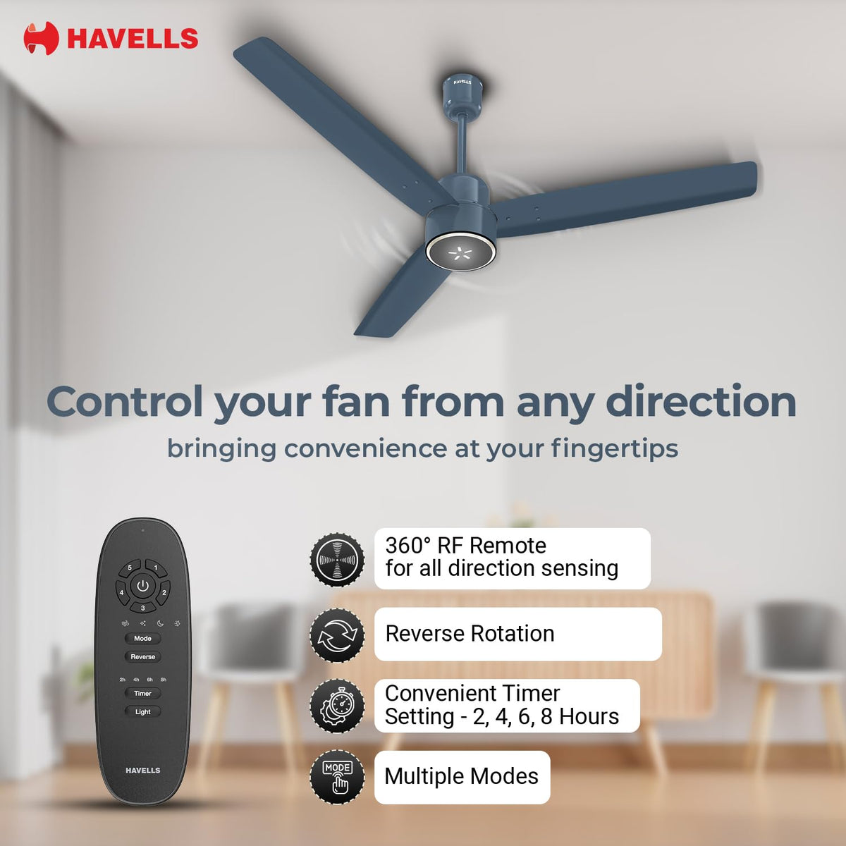 Havells FAB BLDC LED Ceiling Fan 1200 mm, 5 star, LED Speed Indicator, 380 RPM, Up to 65% Savings,Reverse Rotation,4 Speed Modes,Low Wattage 30W,Low Noise