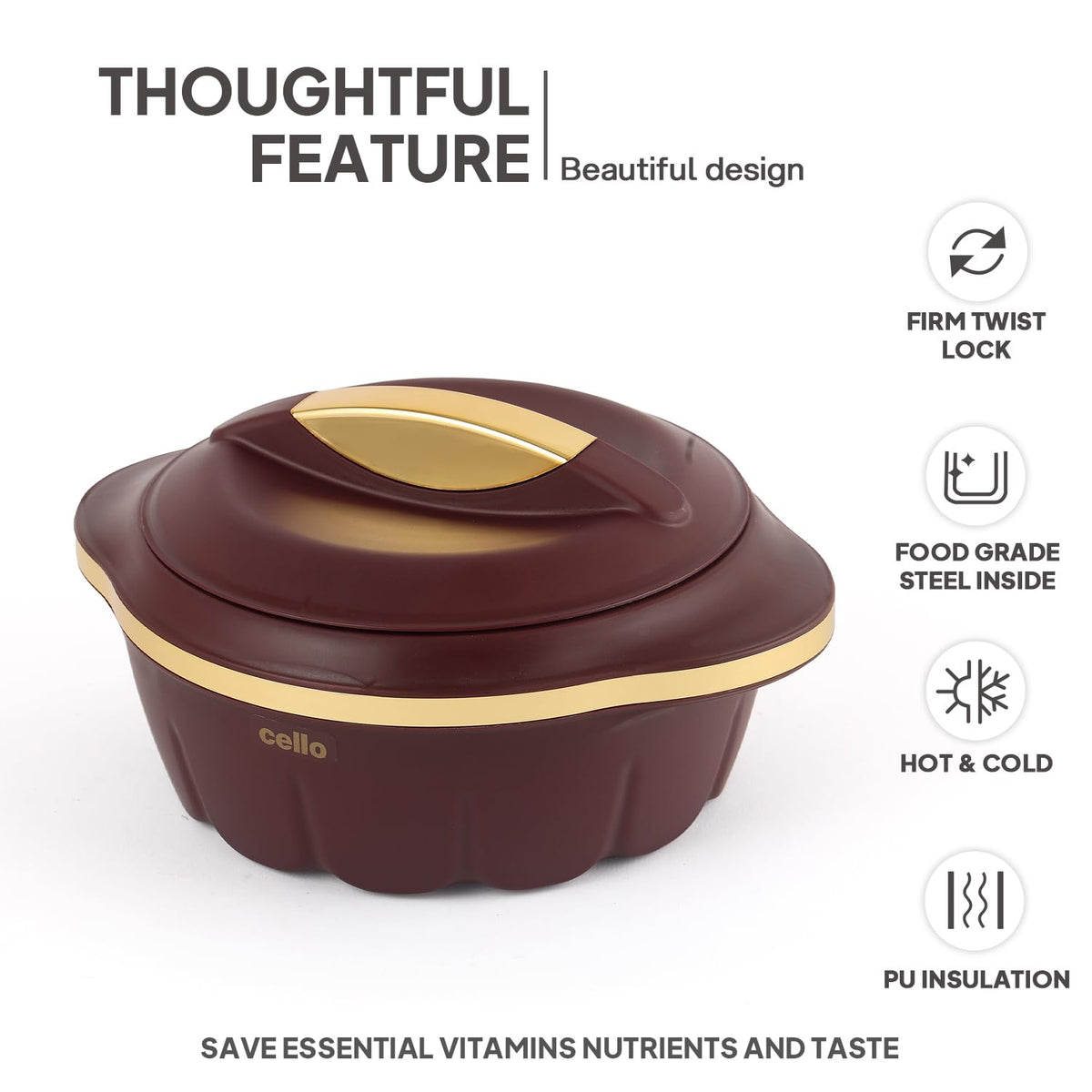 CELLO Stylus Insulated Casserole Hot Pot Box Set of 3 Pcs, Brown (500ml, 1000ml, 1500ml) |