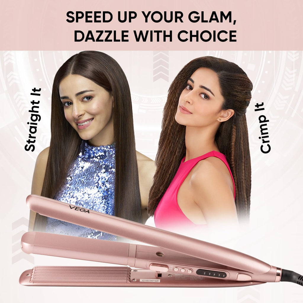Vega Glam Glitz 2 In 1 Hair Styler, Straightener & Crimper with Keratin Infused Ceramic Coated Plates & 5