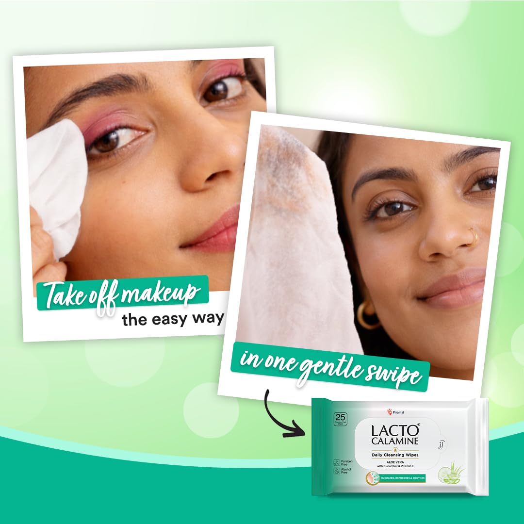Lacto Calamine Daily Cleansing Face Wipes 25N Each - Pack of 2 | Makeup Remover Wipes | Wet Tissue for Face with Aloe Vera, Cucumber & Vitamin E | Wet..