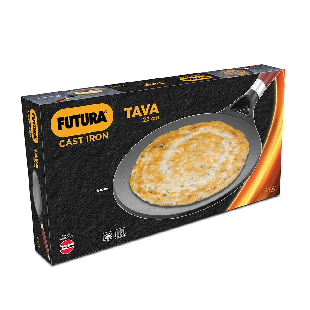 Hawkins 22 cm Futura Cast Iron Tava | Induction & Gas Compatible | Naturally Nonstick | No Coating | Ideal for Roti/Chapati | Black (CIT22)|Induction...