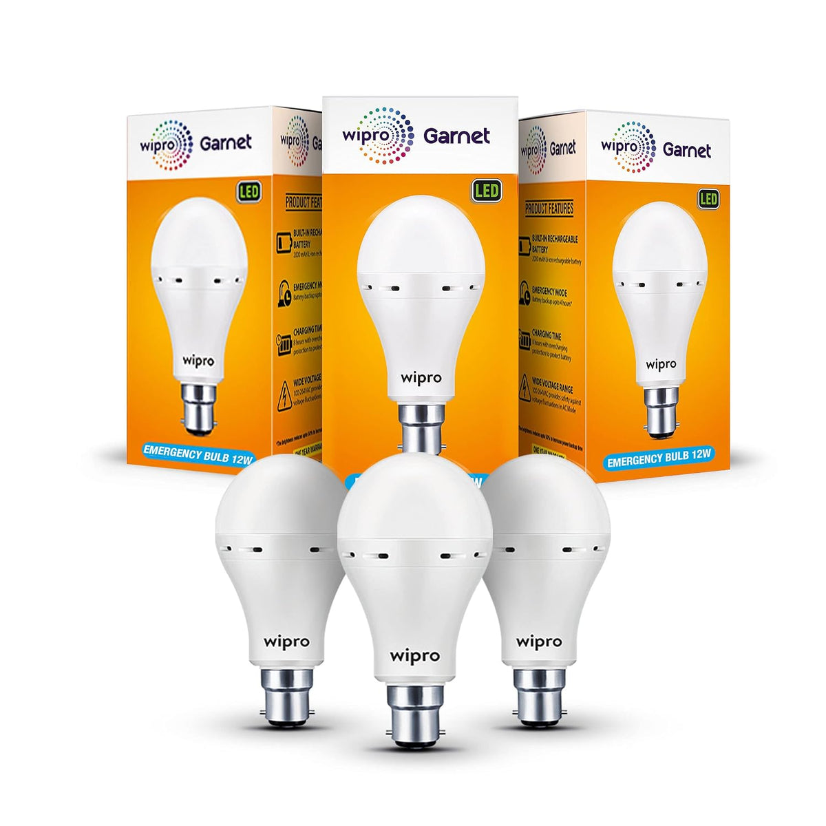 wipro Garnet 12w LED Emergency Bulb | Cool Day White (6500K) | B22 LED Bulb Base | Inverter Bulb for home, with 4 Hours battery back up| Li-ion Battery | Over charging Protection | Pack of 3