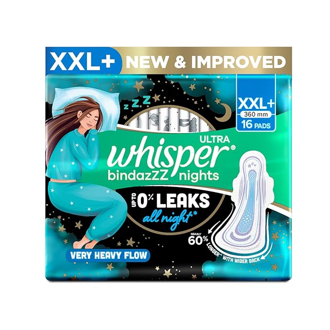 Whisper Bindazzz Nights 15x3 XXL Sanitary Pads, Upto 0% Leaks All Night Long, For Heavy Flow