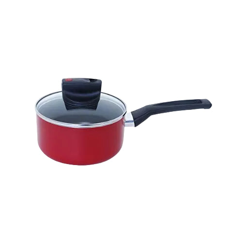 Meyer Safecook Non-Stick Aluminium Saucepan with Glass Lid, 16cm/1.9L, No PFOA & Lead, Steam Vent Lid,| Non Stick Cookware | Stay-Cool Handle, Gas & Electric Compatible, Red