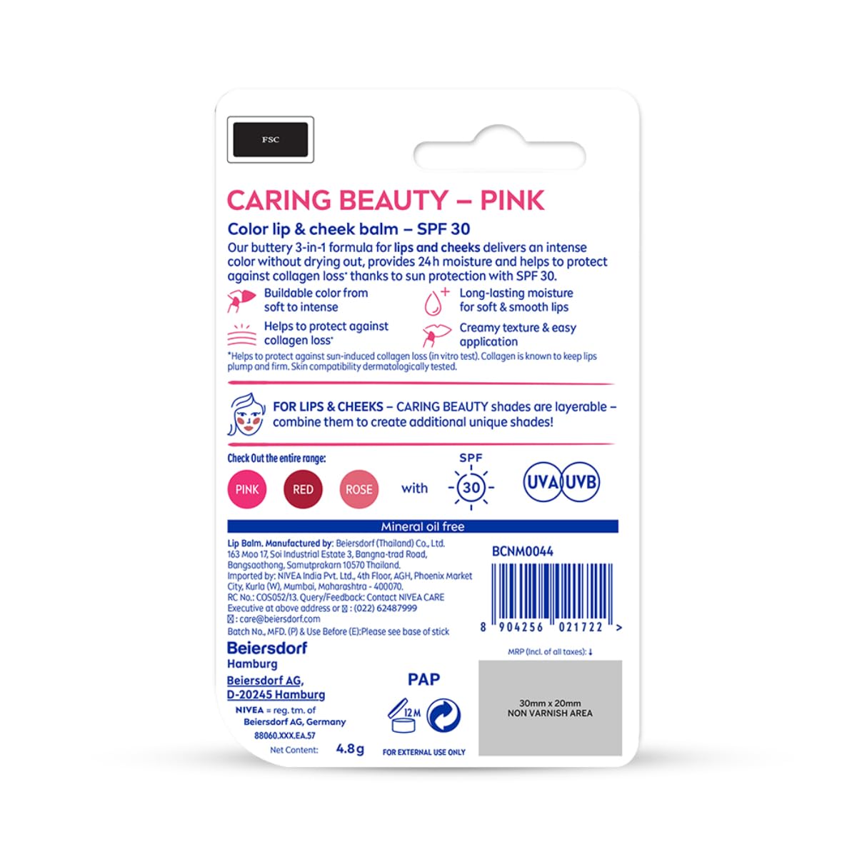 NIVEA Lip Caring Beauty Rose Lip Balm | Lip & Cheek Tint with SPF 30