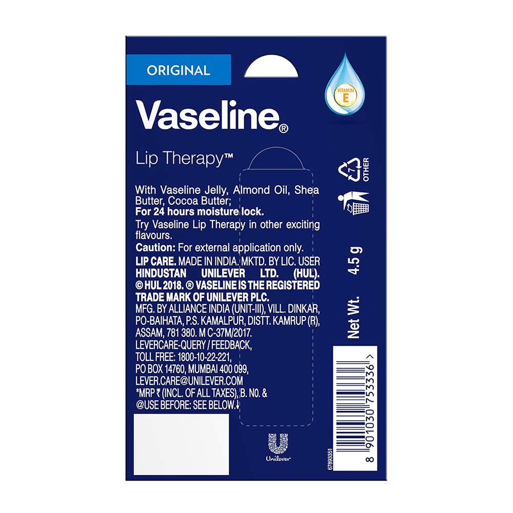 Vaseline Lip Therapy Original Chapstick, Lip Balm, Clear, 4.5 Gram