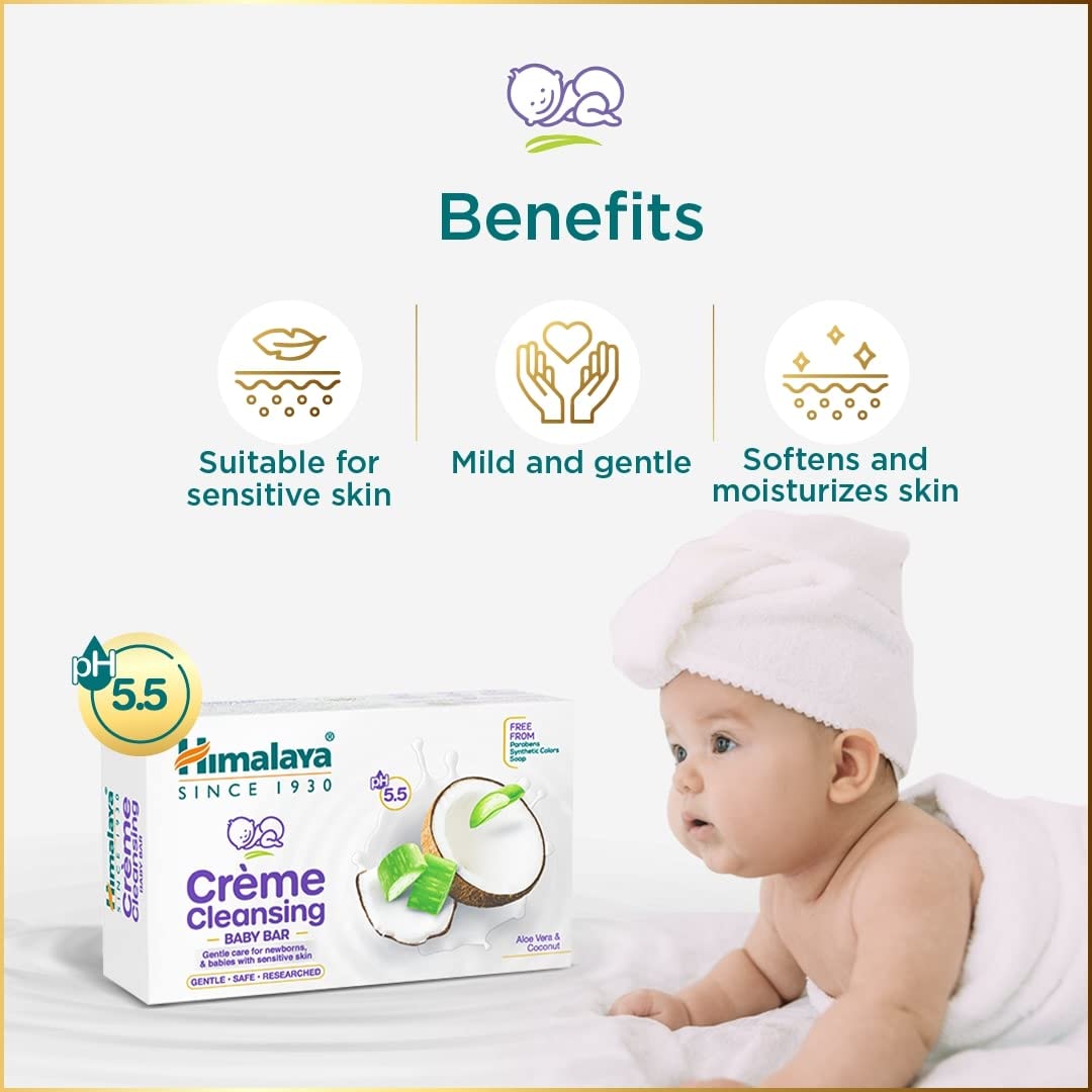 Himalaya Crème Cleansing Baby Bar 75 g |pH 5.5|Soap Free |For Baby's sensitive skin |with Coconut Milk Protein, Aloe Vera & Mahua Butter