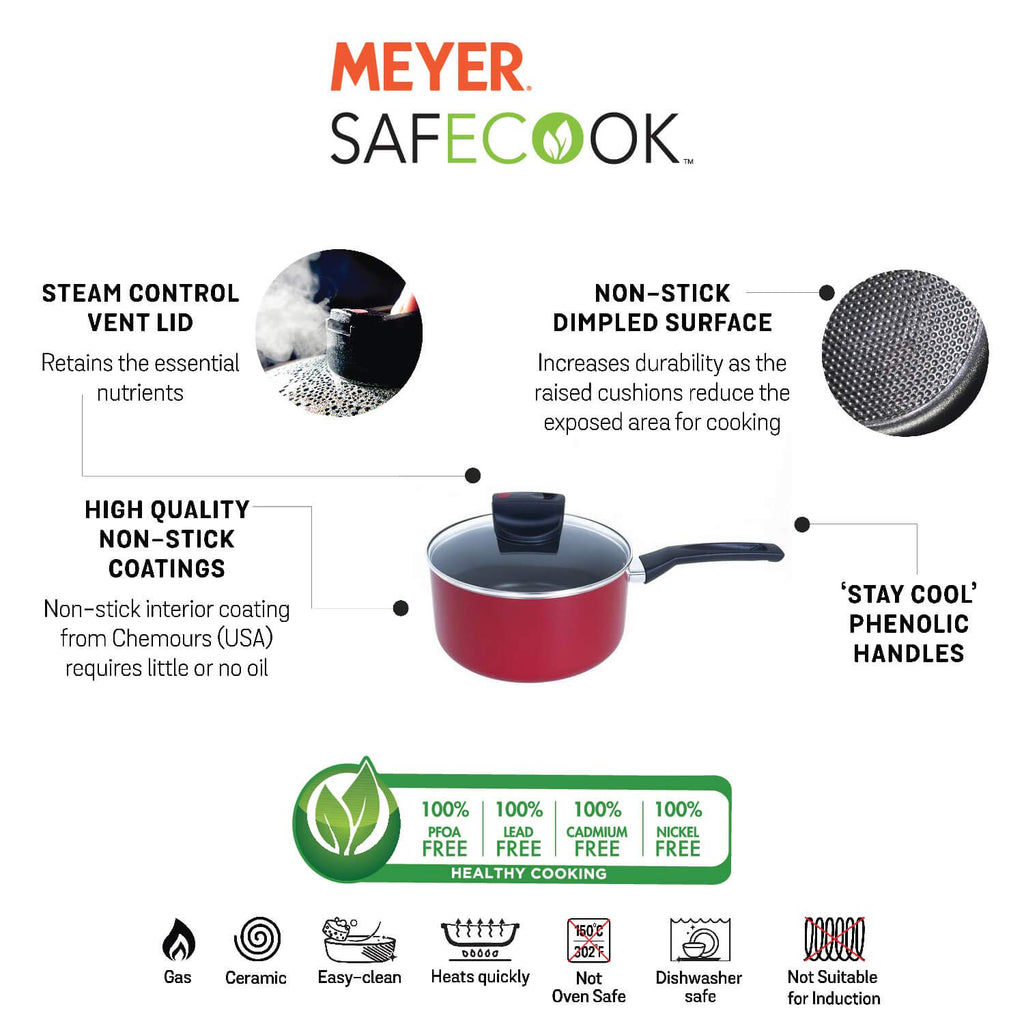 Meyer Safecook Non-Stick Aluminium Saucepan with Glass Lid, 16cm/1.9L, No PFOA & Lead, Steam Vent Lid,| Non Stick Cookware | Stay-Cool Handle, Gas & Electric Compatible, Red