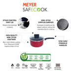 Meyer Safecook Non-Stick Aluminium Saucepan with Glass Lid, 16cm/1.9L, No PFOA & Lead, Steam Vent Lid,| Non Stick Cookware | Stay-Cool Handle, Gas & Electric Compatible, Red
