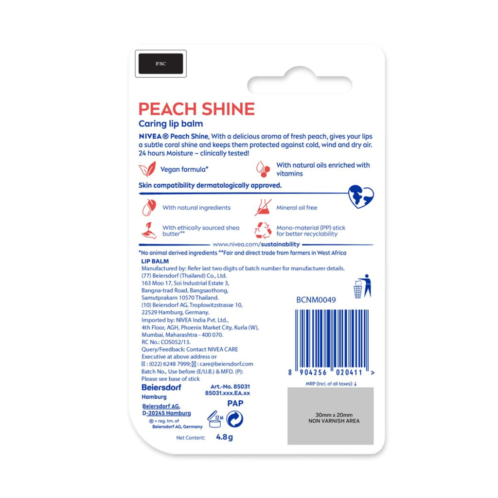 NIVEA Lip Balm, Fruity Peach Shine,4.8 g (Pack of 1)