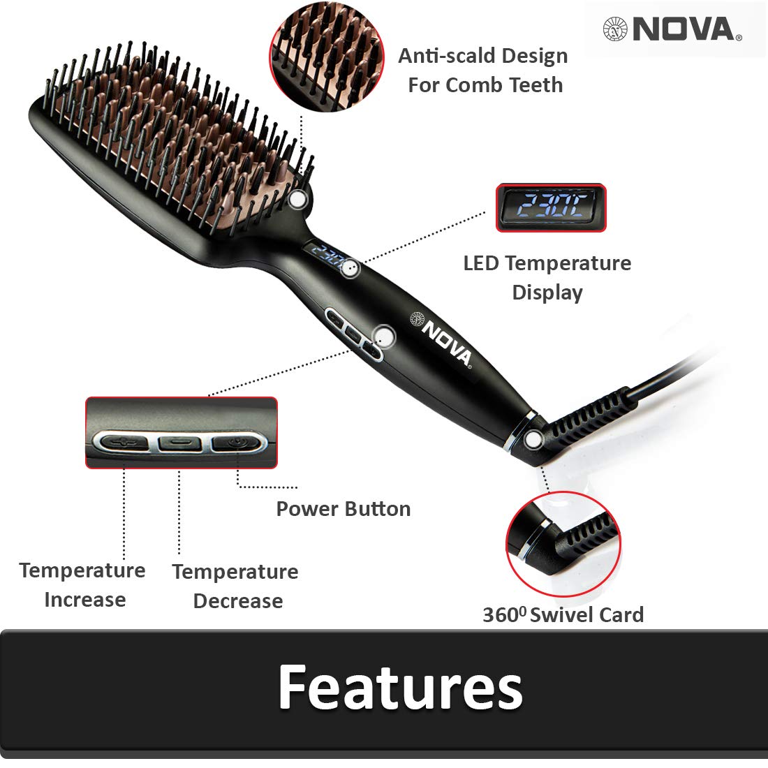 Nova NHS 904 Temperature Control Salonstyle Hair Styling Brush (Black)