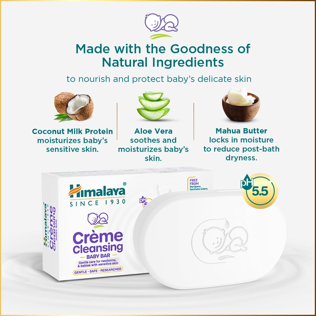 Himalaya Crème Cleansing Baby Bar 125 g Pack of 2 |pH 5.5|For Baby's sensitive skin | with Coconut Milk Protein, Aloe Vera & Mahua Butter