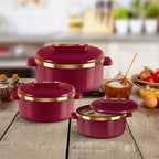 MILTON Curve Inner Stainless Steel Casserole Set of 3 (840 ml, 1300 ml, 1880 ml), Maroon | BPA Free | Food Grade |