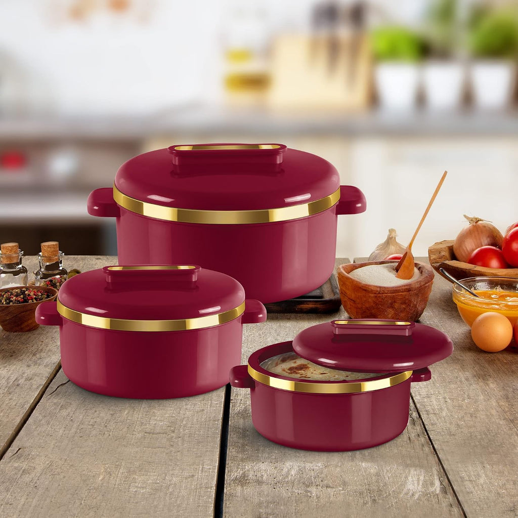 MILTON Curve Inner Stainless Steel Casserole Set of 3 (450 ml, 840 ml, 1300 ml), Maroon |