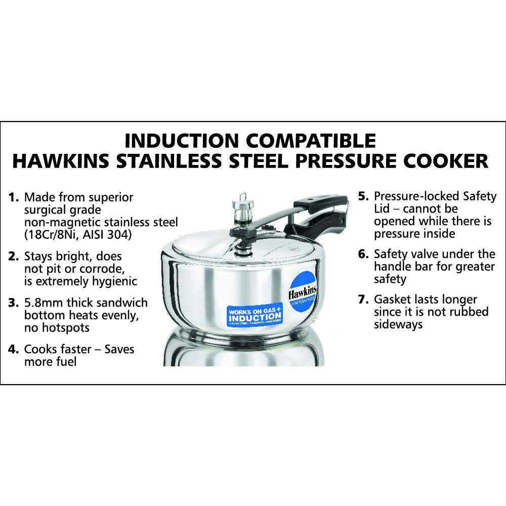 Hawkins 3 Litre Inner Lid Pressure Cooker, Stainless Steel Cooker, Induction Cooker, Silver (HSS3W)