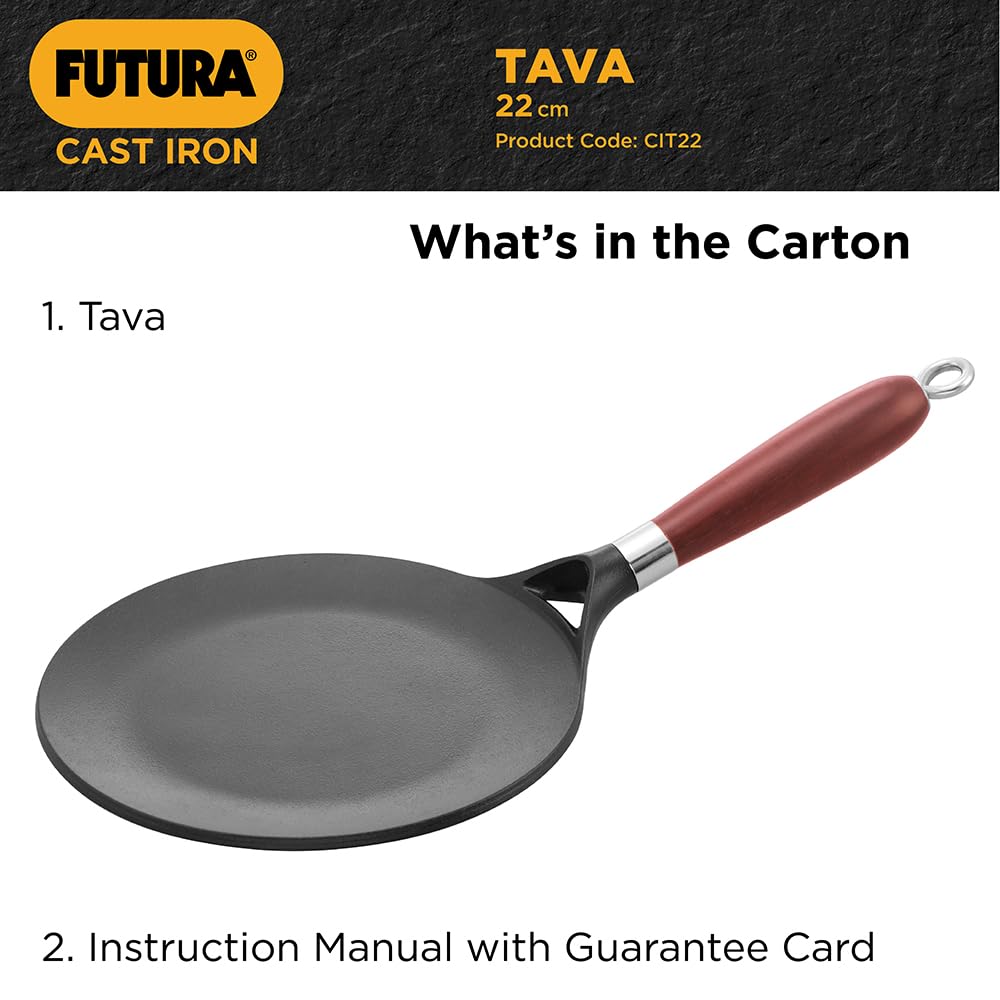 Hawkins 22 cm Futura Cast Iron Tava | Induction & Gas Compatible | Naturally Nonstick | No Coating | Ideal for Roti/Chapati | Black (CIT22)|Induction...