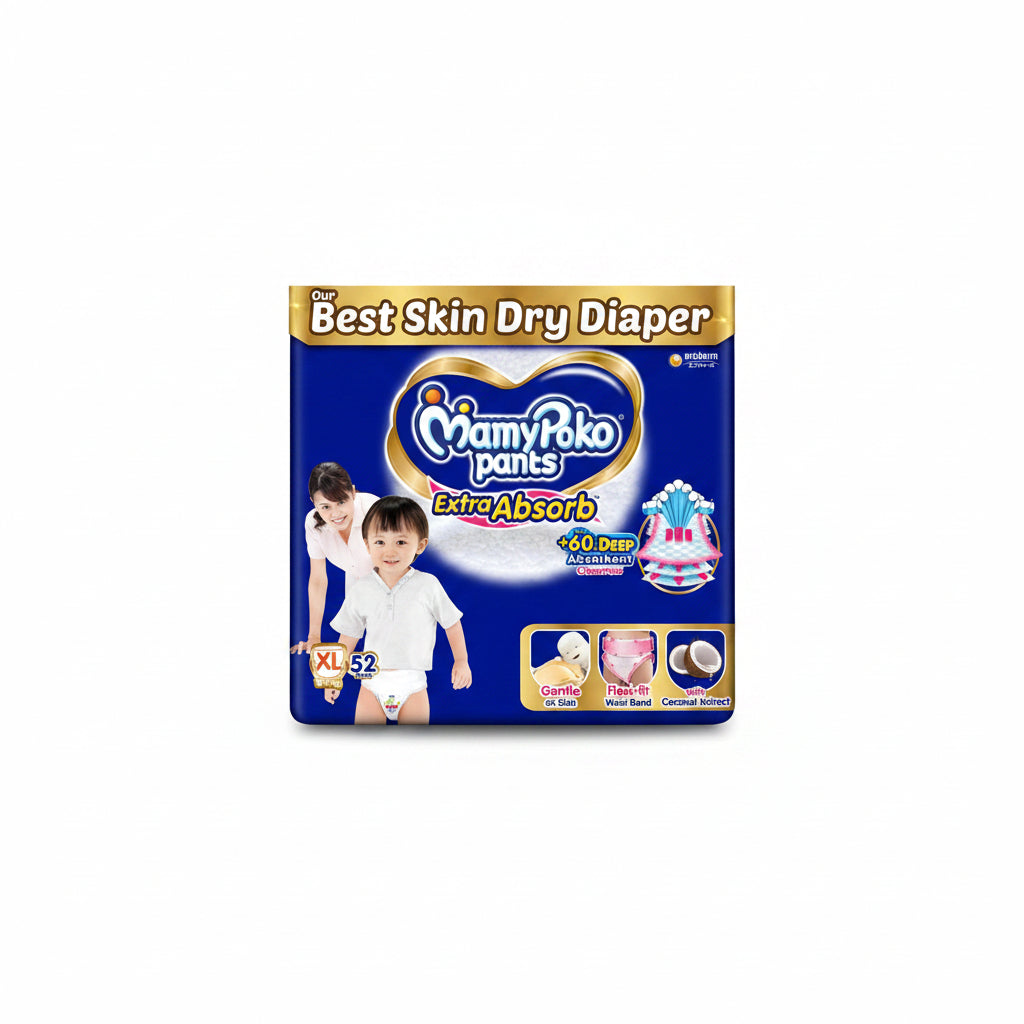 MamyPoko Pants Extra Absorb Baby Diapers, Extra Large (XL size) | 12-17 kg | 52 Count |Deep Sleep Diapers| Soft gentle fit |Deep Absorbent Crisscross | skin friendly with coconut oil |