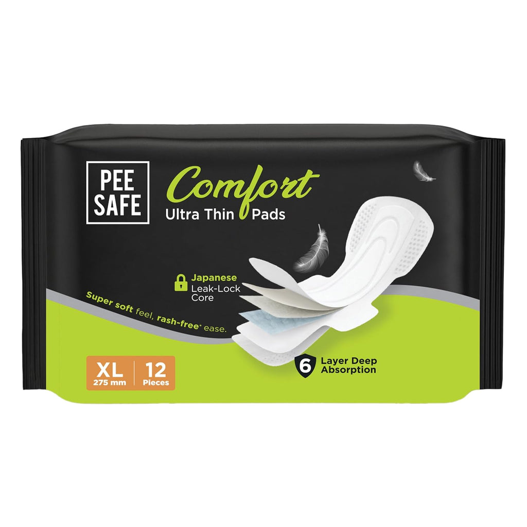 Pee Safe Comfort Ultra Thin Sanitary Pads XL 12 Pads | Rash Free | Softest | Ultra Soft, Dual Wings, Toxin Free, Extra Long, Disposable Wrapper, 6 Layer...
