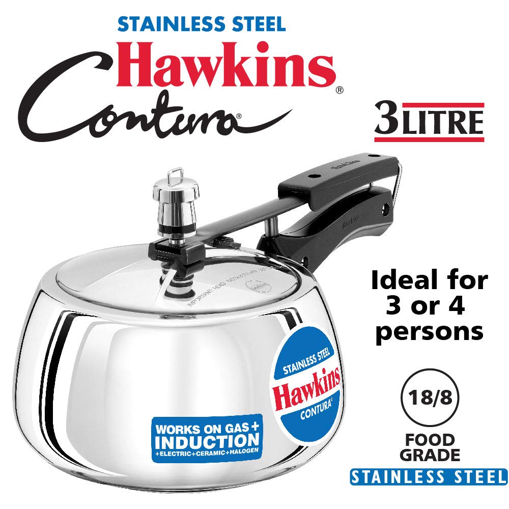 HAWKINS Stainless Steel CONTURA Pressure Cooker 3 litres + Hawkins Stainless Steel Pressure Cooker, 2 litres, Silver