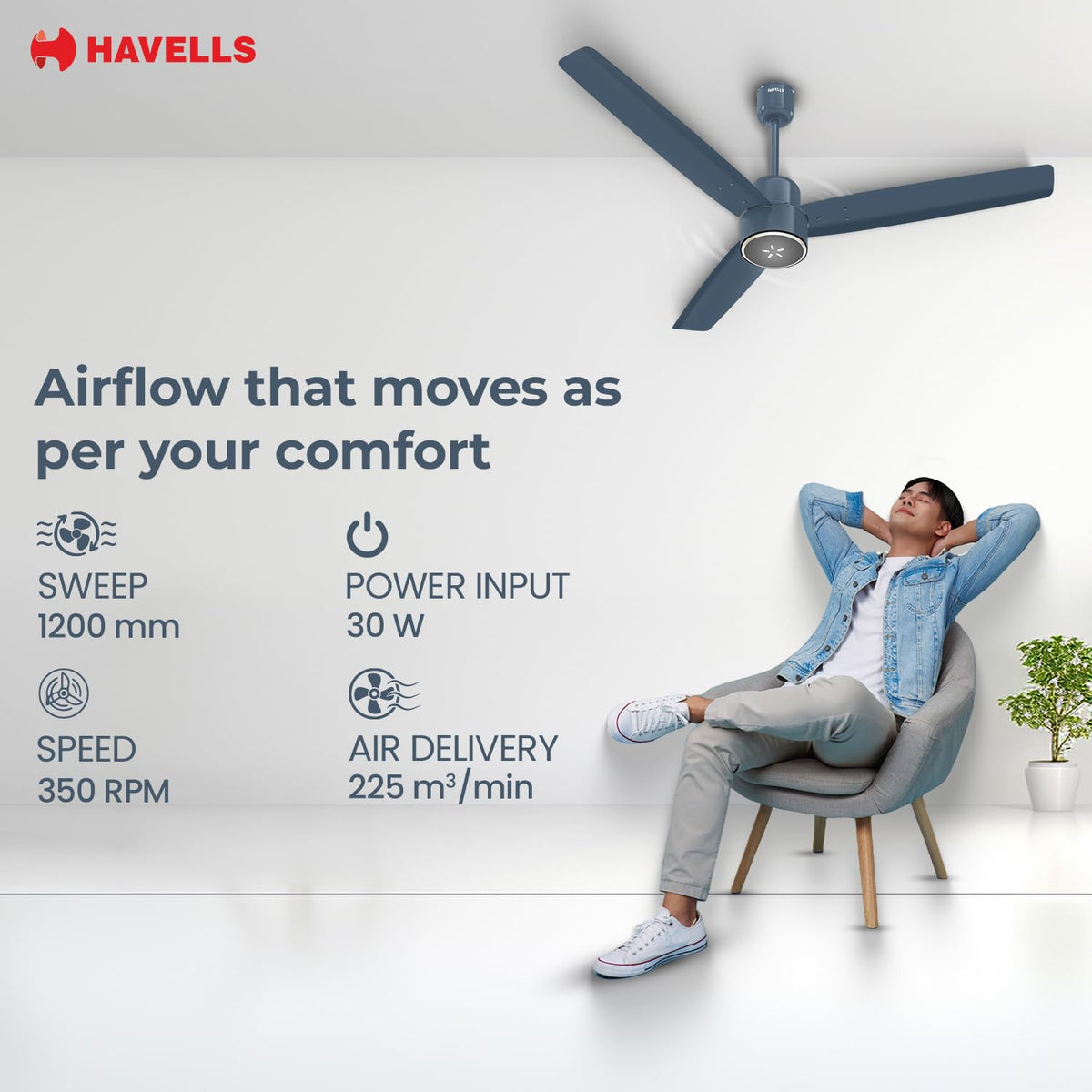 Havells FAB BLDC LED Ceiling Fan 1200 mm, 5 star, LED Speed Indicator, 380 RPM, Up to 65% Savings,Reverse Rotation,4 Speed Modes,Low Wattage 30W,Low Noise
