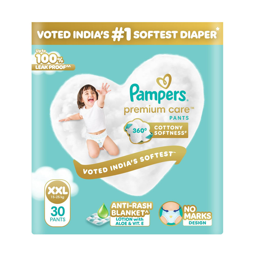 Pampers Premium Care Pant Style Baby Diapers XXL 30 Count | No Marks Design | Voted India’s #1 Softest Diaper | All in 1 diaper with 360 Cottony Softness