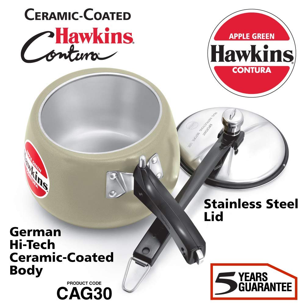 Hawkins Ceramic Coated 3 Litre Pressure Cooker | Handi Style | Gas Compatible | Ideal for 3–4 persons | ISI Certified | 5 Year Guarantee | Apple Green (CAG30)