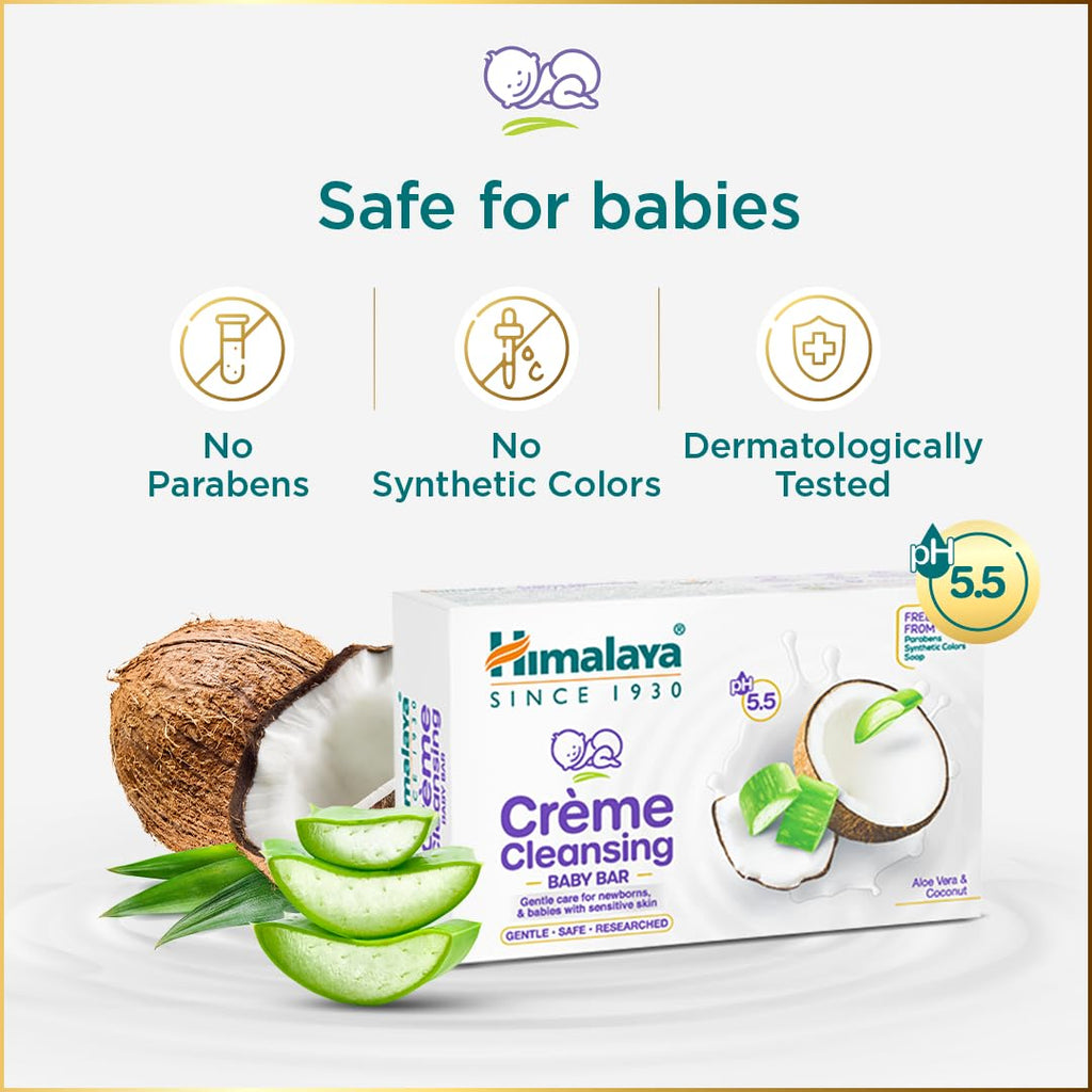 Himalaya Crème Cleansing Baby Bar 125 g Pack of 2 |pH 5.5|For Baby's sensitive skin | with Coconut Milk Protein, Aloe Vera & Mahua Butter