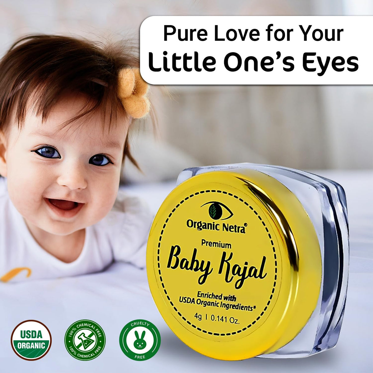 Organic Netra Baby Kajal 4g for Newborns Water-Resistant Smudgeproof Longlasting Enriched with Natural Organic Ingredients Safe for Sensitive Baby Skin No Harmful Chemicals Matte Finish