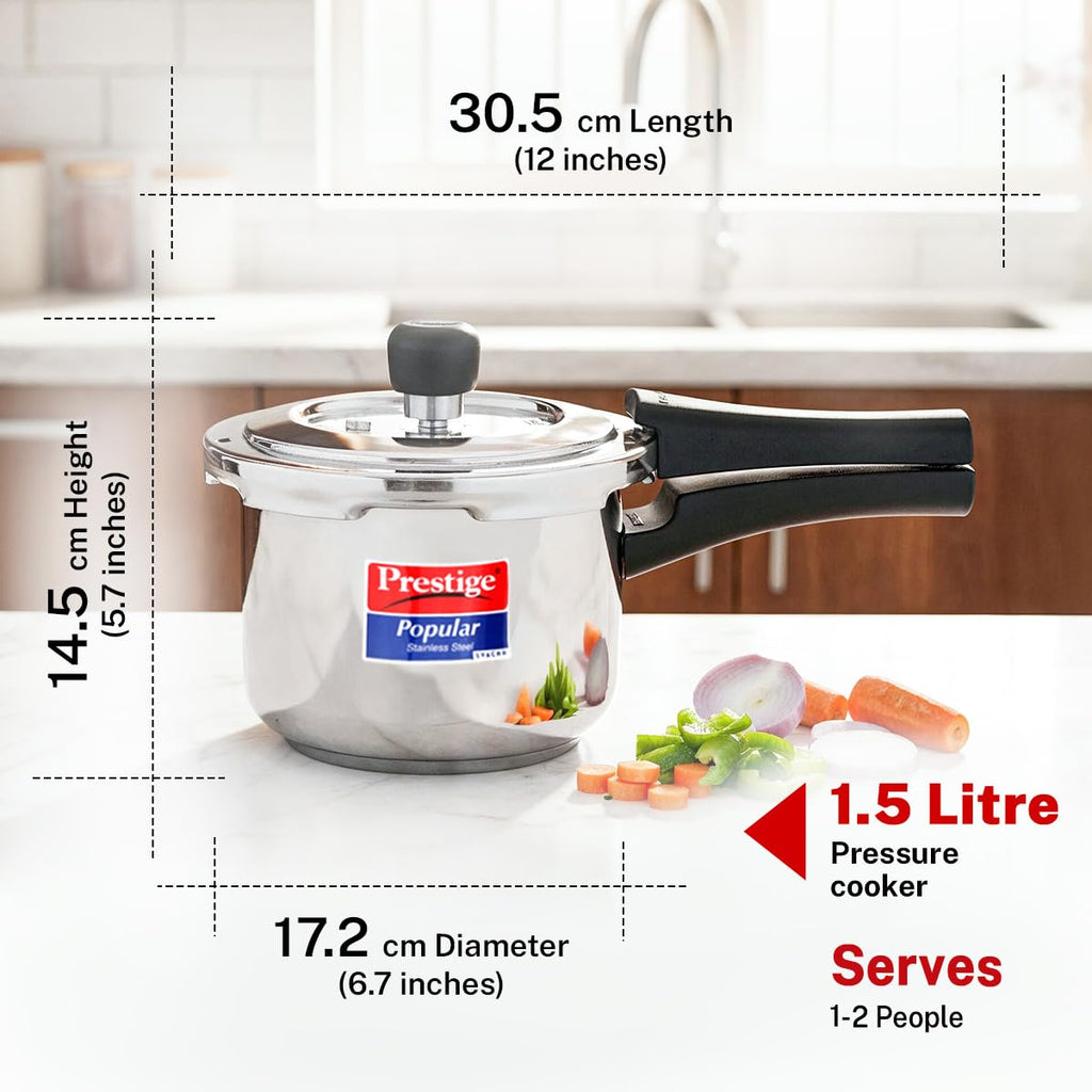 Prestige 1.5 Litre Stainless Steel Popular Svachh Outerlid Pressure Cooker | Deep lid for spillage control|Gas & Induction Compatible|Controlled Gasket Release System|5 Years warranty|ISI Certified