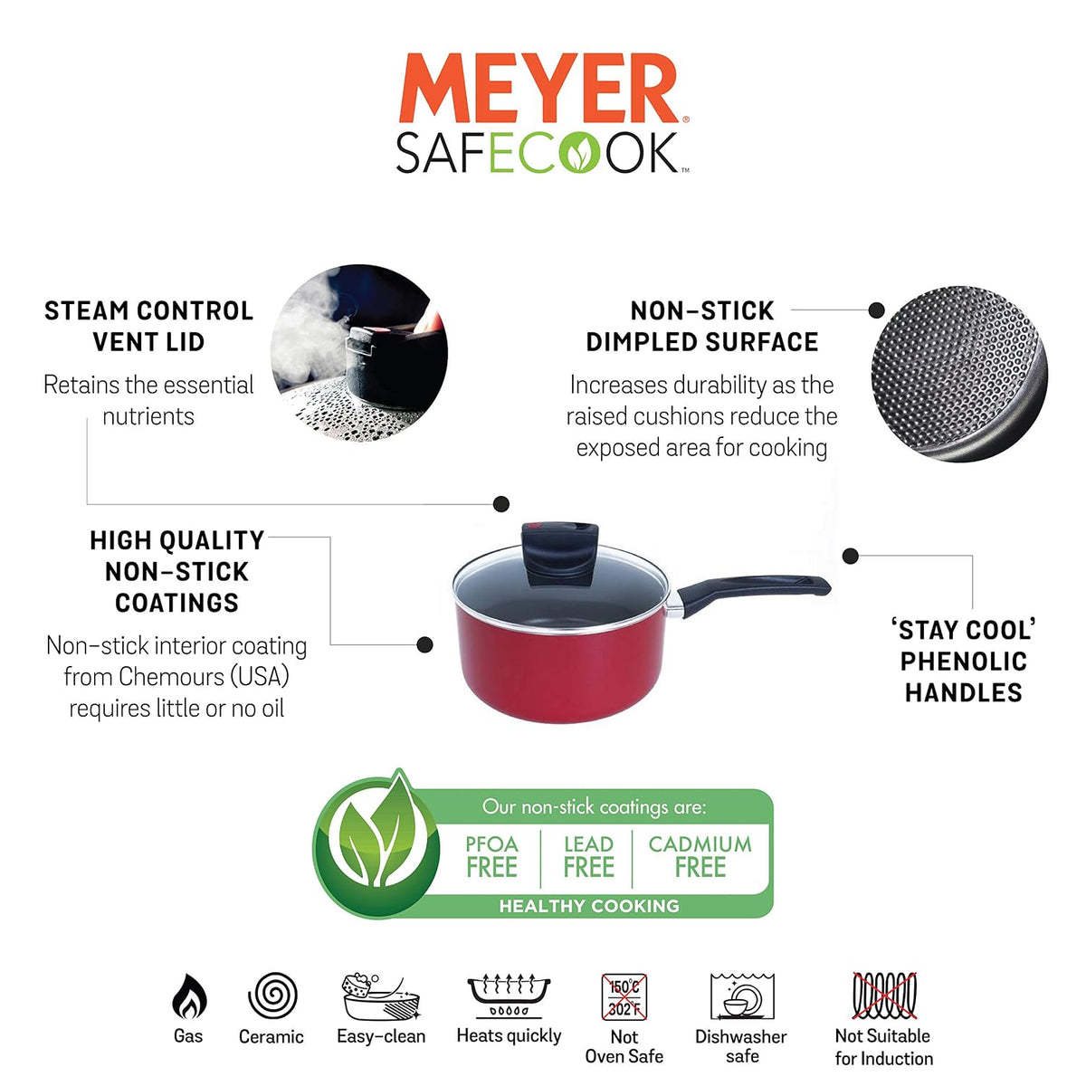 Meyer Safecook Aluminium Non Stick Covered Saucepan 20cm, Red
