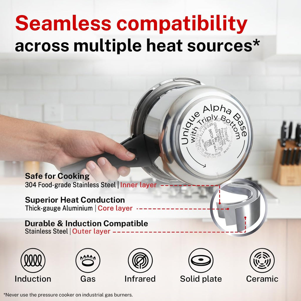 Prestige 1.5 Litre Stainless Steel Popular Svachh Outerlid Pressure Cooker | Deep lid for spillage control|Gas & Induction Compatible|Controlled Gasket Release System|5 Years warranty|ISI Certified