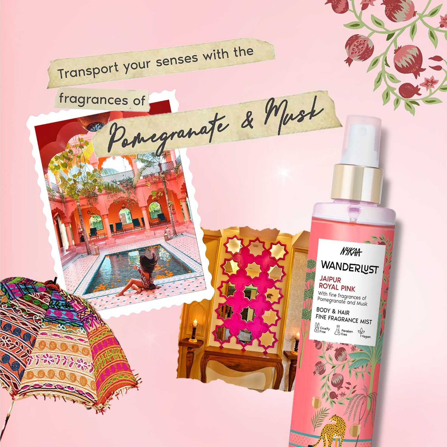 Nykaa Wanderlust Jaipur Royal Pink Body & Hair Fine Fragrance Mist 200 ml