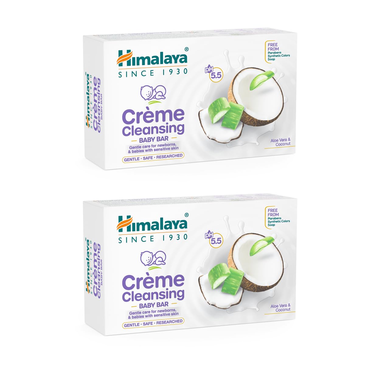 Himalaya Crème Cleansing Baby Bar 125 g Pack of 2 |pH 5.5|For Baby's sensitive skin | with Coconut Milk Protein, Aloe Vera & Mahua Butter