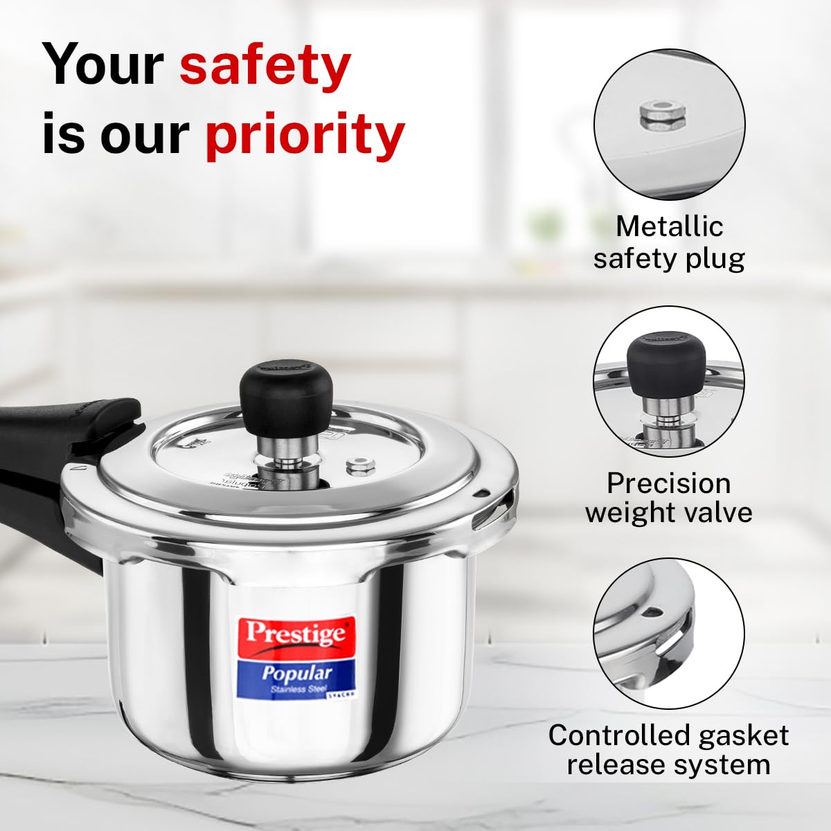Prestige 1.5 Litre Stainless Steel Popular Svachh Outerlid Pressure Cooker | Deep lid for spillage control|Gas & Induction Compatible|Controlled Gasket Release System|5 Years warranty|ISI Certified