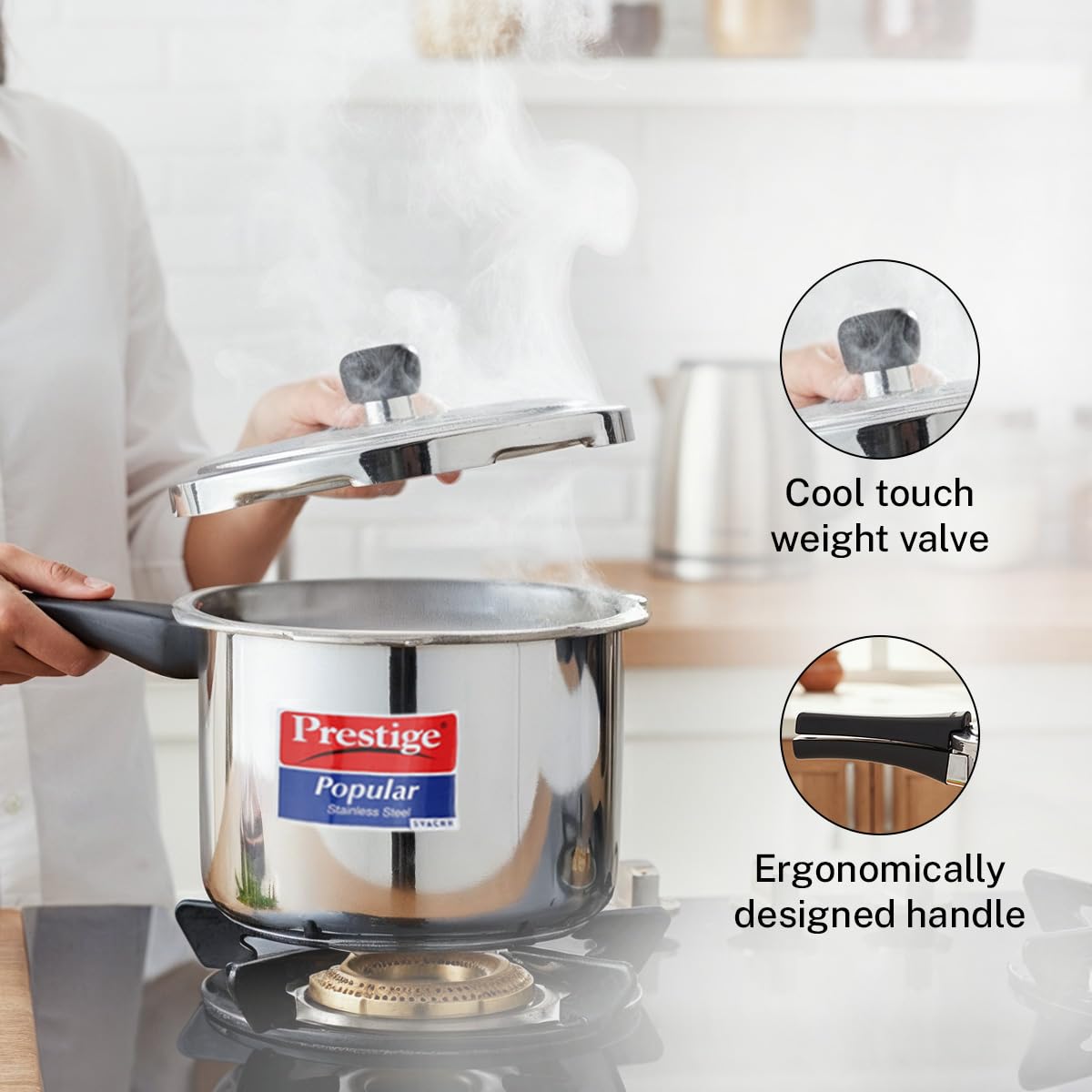 Prestige 1.5 Litre Stainless Steel Popular Svachh Outerlid Pressure Cooker | Deep lid for spillage control|Gas & Induction Compatible|Controlled Gasket Release System|5 Years warranty|ISI Certified
